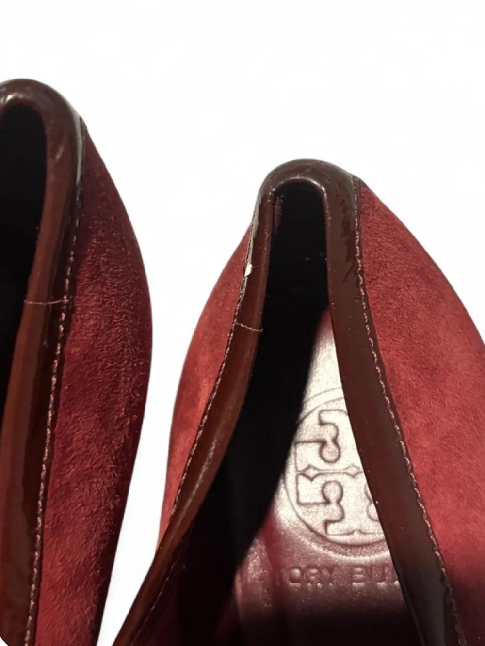 Tory Burch Size 7.5M Burgundy Suede Gorgeous Logo Square-Buckle Flats